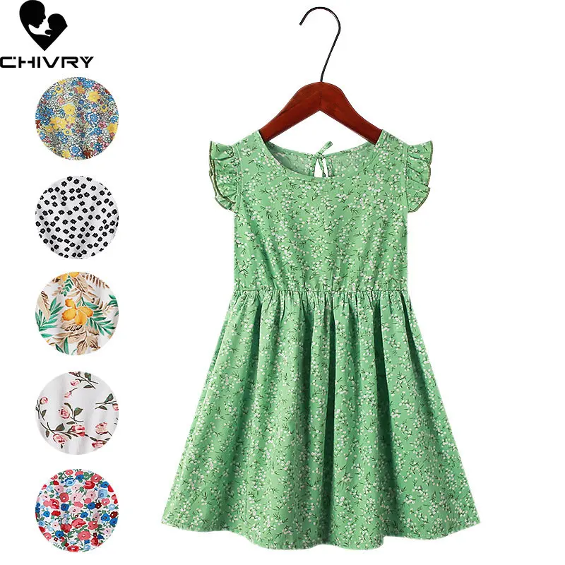 

New 2023 Summer Girls Vintage Floral Flower Print Sleeveless O-neck Ruffles A-line Beach Dresses Kids Baby Girl Casual Sundress
