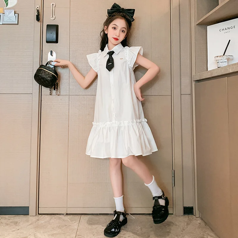 

ZOETOP Korean Summer School Girl Dress Children Girl Flying Sleeves Tie Dress Junior Girl Crimping Solid Cotton One-piece Dress