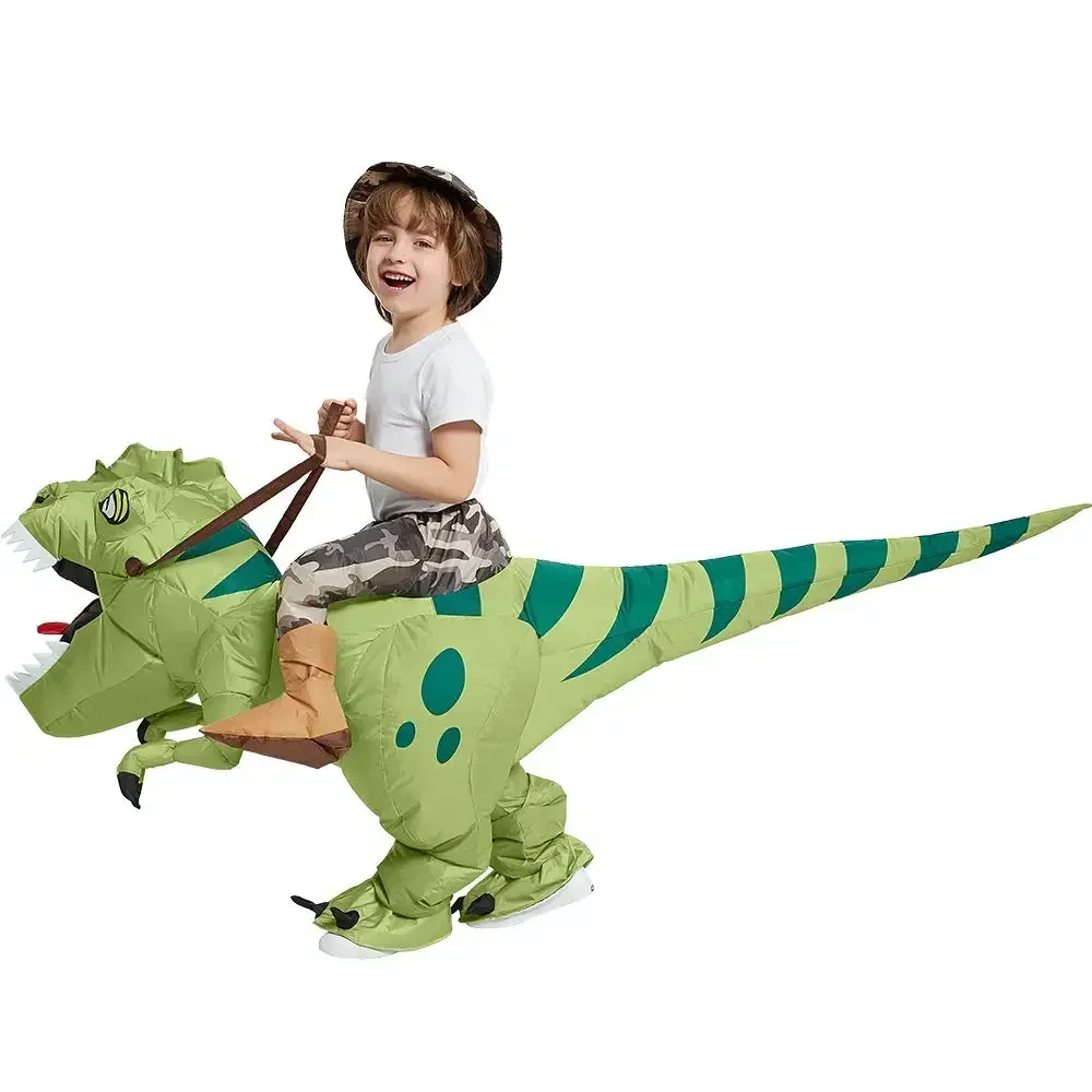 Nueva gran oferta, disfraz inflable divertido para niños y adultos, disfraz de dinosaurio verde para montar, vestido elegante para niños, fiesta temática de vacaciones de Halloween