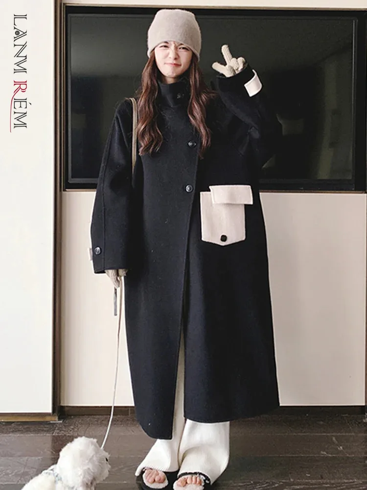

LANMREM Korean Style Woolen Long Jackets Women Contrast Color Pockets Spliced Single Breasted Coat 2023 Winter New 2AA3603
