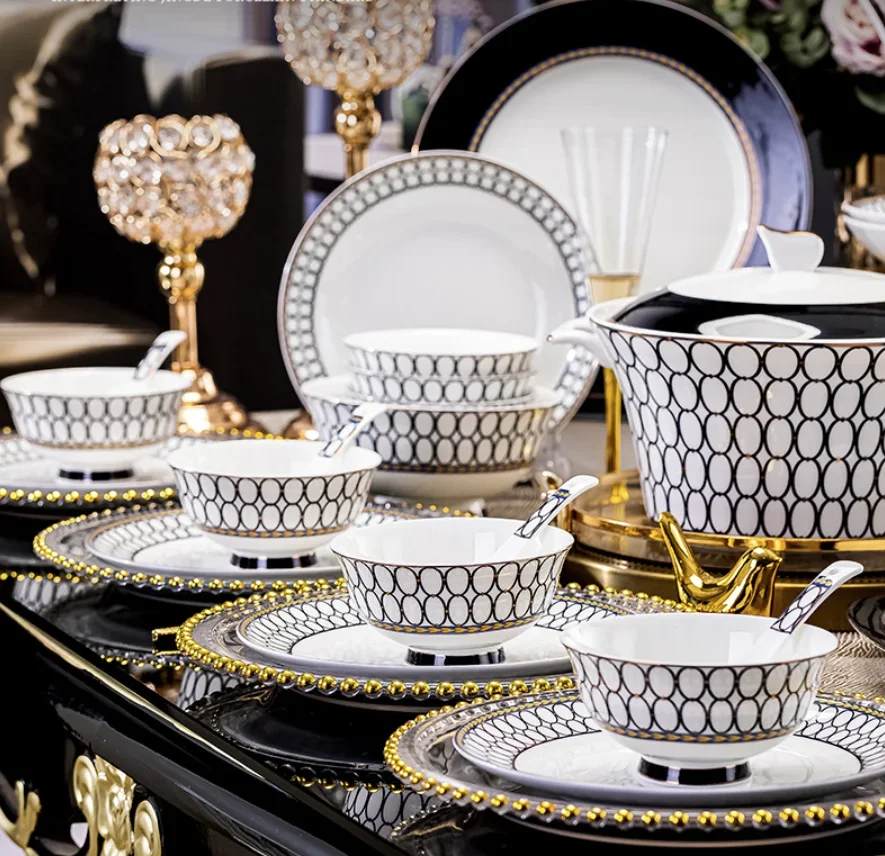 High-quality ceramic tableware set Household high-end bone china tableware set 60 pieces Full of gifts