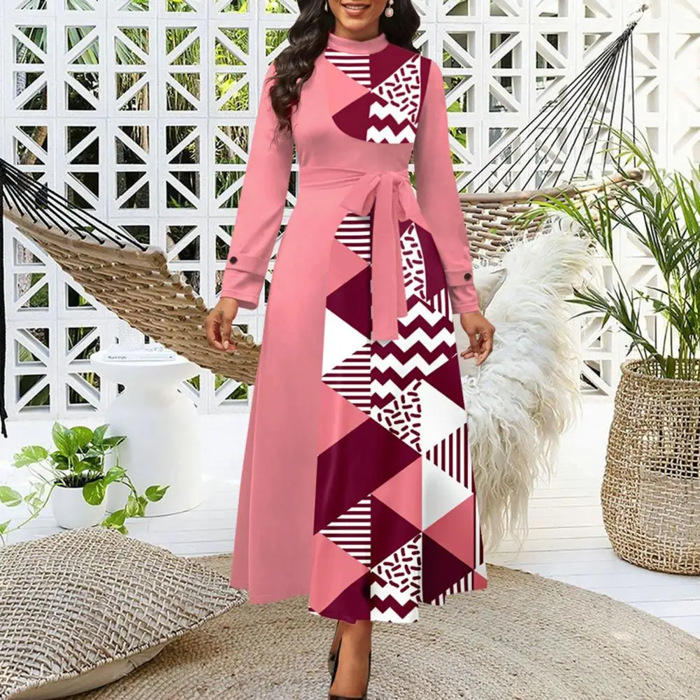

Women Dress Color Matching Geometric Print Long Sleeve Round Neck A-line Loose Hem High Waist Belted Tight Waist Commute Formal