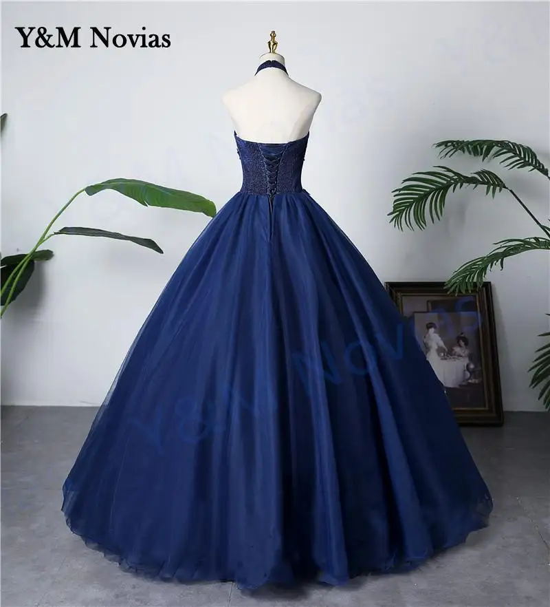 New Fashion Halter Blue Quinceanera Dress Sleeveless Ruched Lace Vestidos De 15 Debutante Gown Bohemia Princess Customized