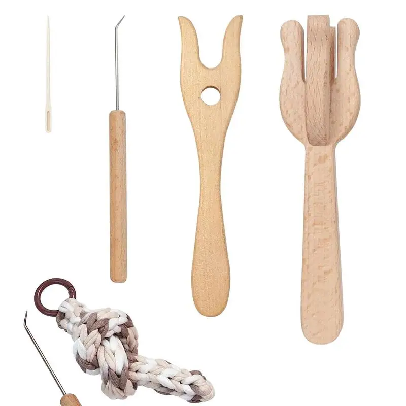 4Pcs Wooden Knitting Fork Braiding Tool Set