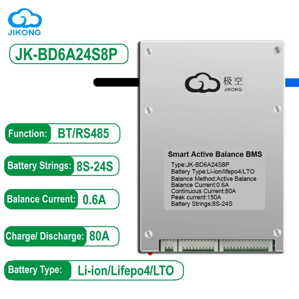 

JK BMS JK-BD6A24S8P Smart BMS 0.6 Active Balance 8S 9S 10S 12S 16S 20S 24S Current Continuous Discharge 80A Lifepo4 Camping RV