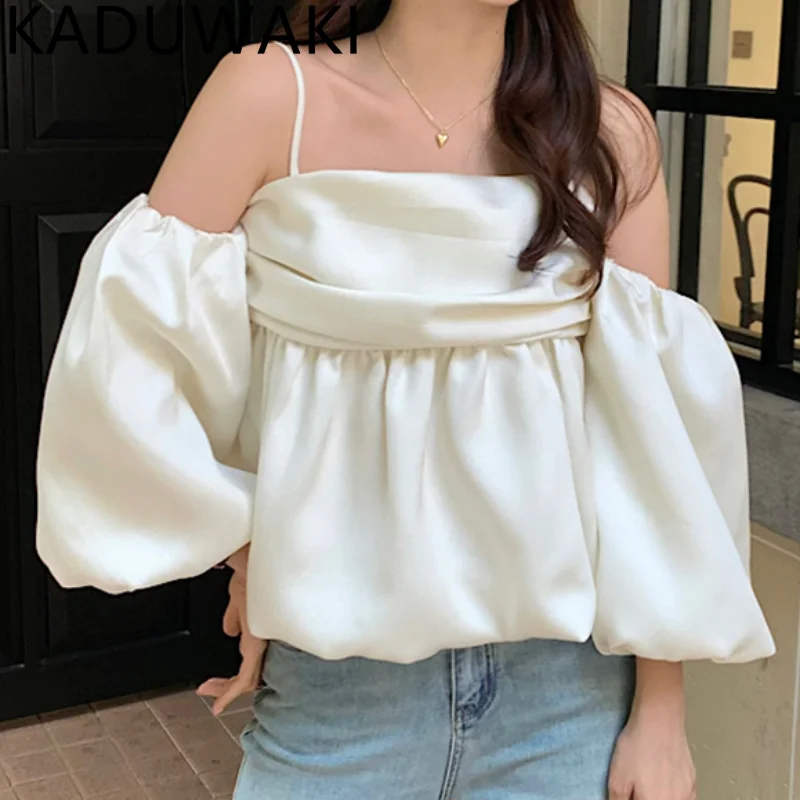 

French Style Puff Sleeve strapless T-shirt Solid Color Chic Tops Elegant Woman Vintage Casual off-the-shoulder Blusas Women