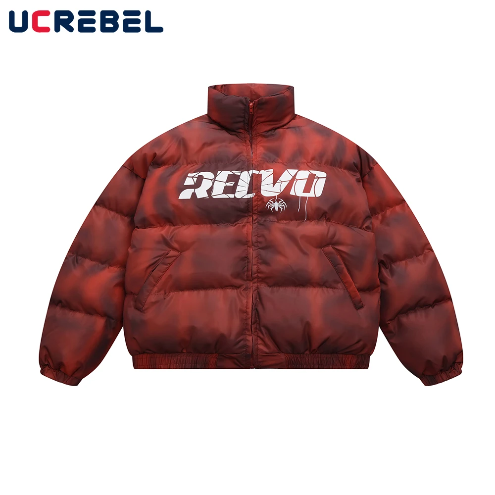 

Letter Print Warm Padded Jacket Mens Winter Stand Collar Streetwear Tie Dye Long Sleeve Thick Outerwear Men
