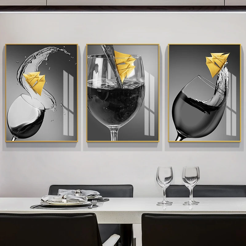 Black and White Wine Glass Yellow Boat Posters and Prints Canvas Painting Wall Pictures for Kitchen Restaurant Room Decoration