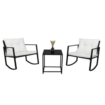 Outdoor Wicker Rocking Chair 3PCS Set Rattan Patio Furniture Table with Cushions 3
