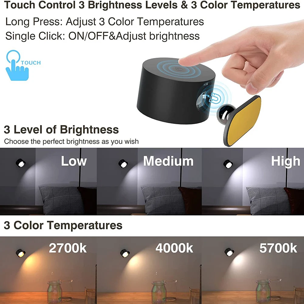 Applique Murale LED Rechargeable par USB, Boule Magnétique Rotative à 360 °, Commande Tactile, pour Chambre à Coucher, Lecture, oral et
