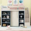 Full Size Loft Bed 2 Four-layer Storage Cabinets and Curtain,Blue Kids Beds for Boys Twin Bed ,White Frame Kids Beds for Girl US 3