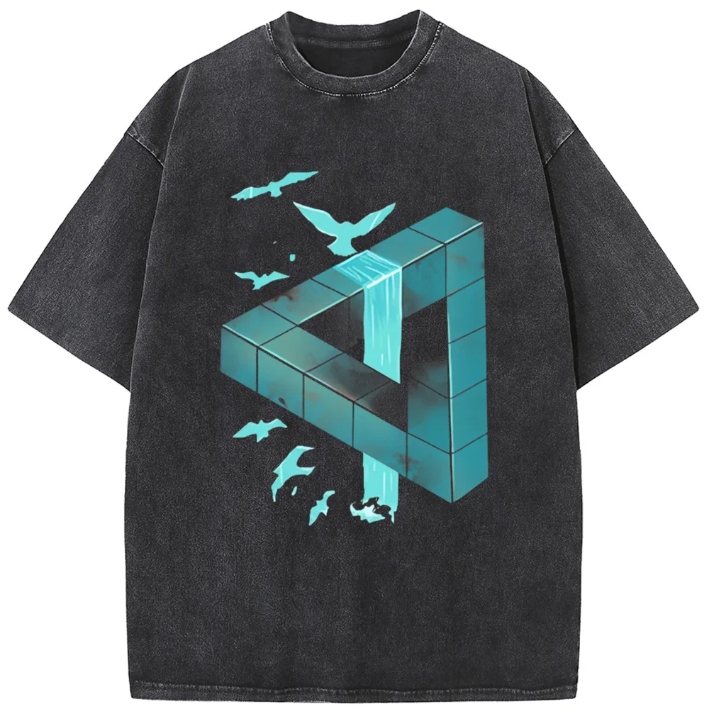 

Triangle Print Unisex O-Neck Washed T-Shirt Novelty 230g Summer Bleached Tshirt Funny Design Loose Tops Tee