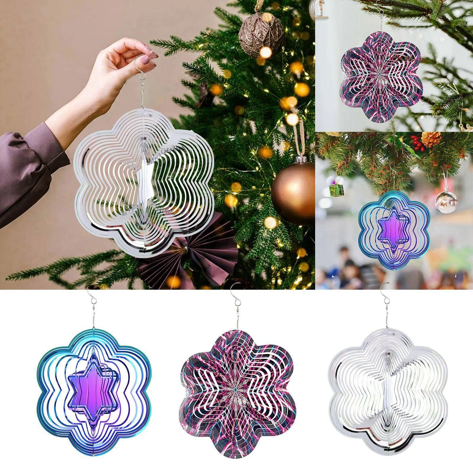 

Mirror Stainless Steel 3d Rotating Wind Spinner Chime Metal Christmas Tree And Snowflae Wind Spinner Home Decor Wall Ornament