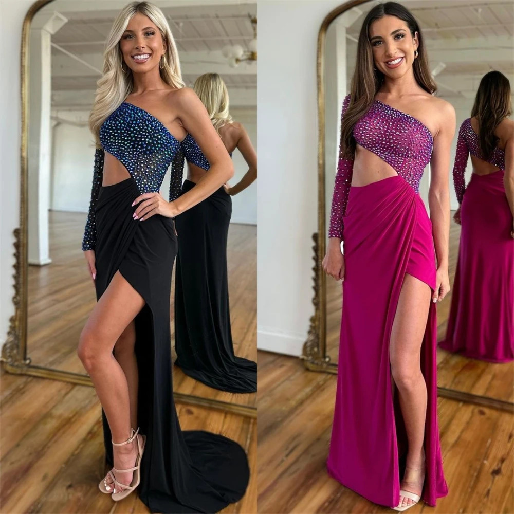 

Jiayigong High Quality One-shoulder Sheath Cocktail Sequin Draped Satin Occasion Evening Gownvestidos de ocasião formal