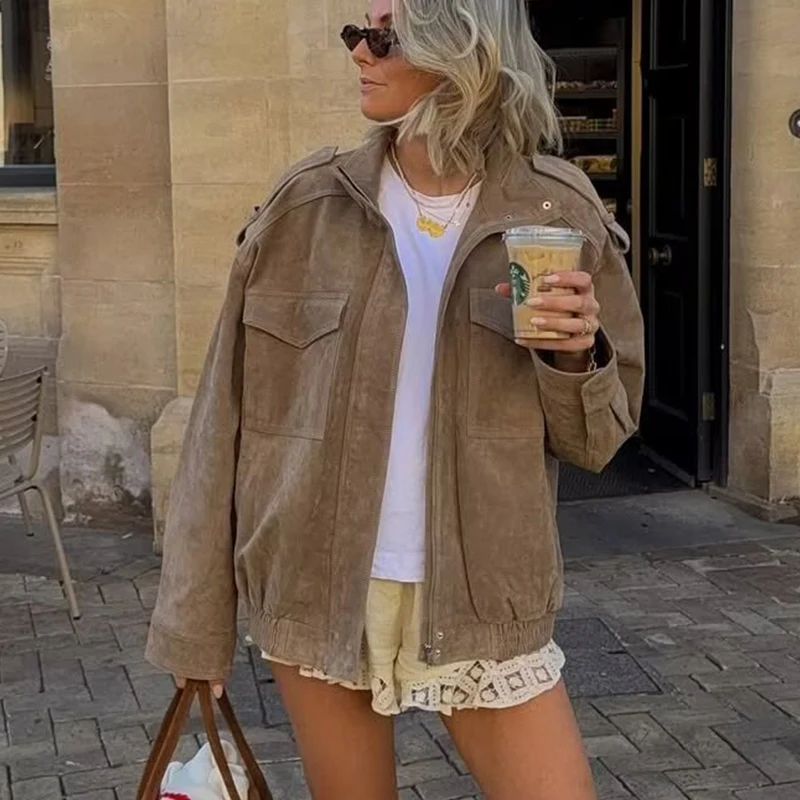 2025 Women Winter Bomber Jackets Vintage Suede Thick Pockets Jacket Streetwear Leisure Pocket Zipper New Oversized Jackets