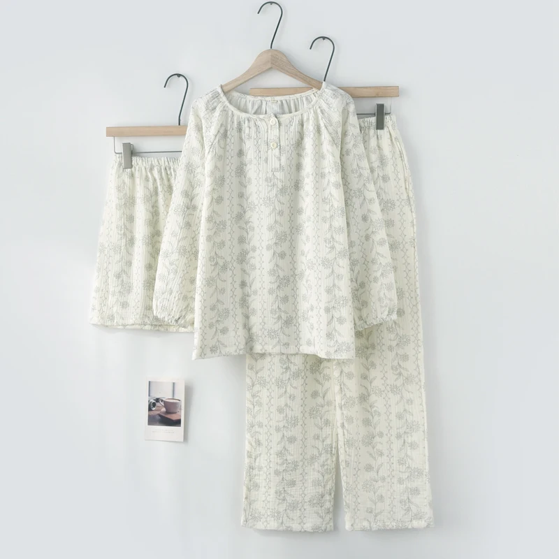 Retro Cotton Pajamas Set for Women Spring Autumn Summer Thin Long Sve Long Pants orts Tee-piece Home Clothes Set