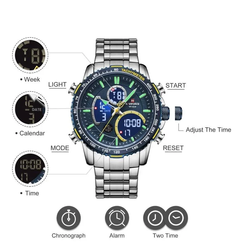 Dual Display Quartz Watch For Men Fashion Luxury Business Timing Waterproof Clock Steel Band Men Watch Relogios Masculino