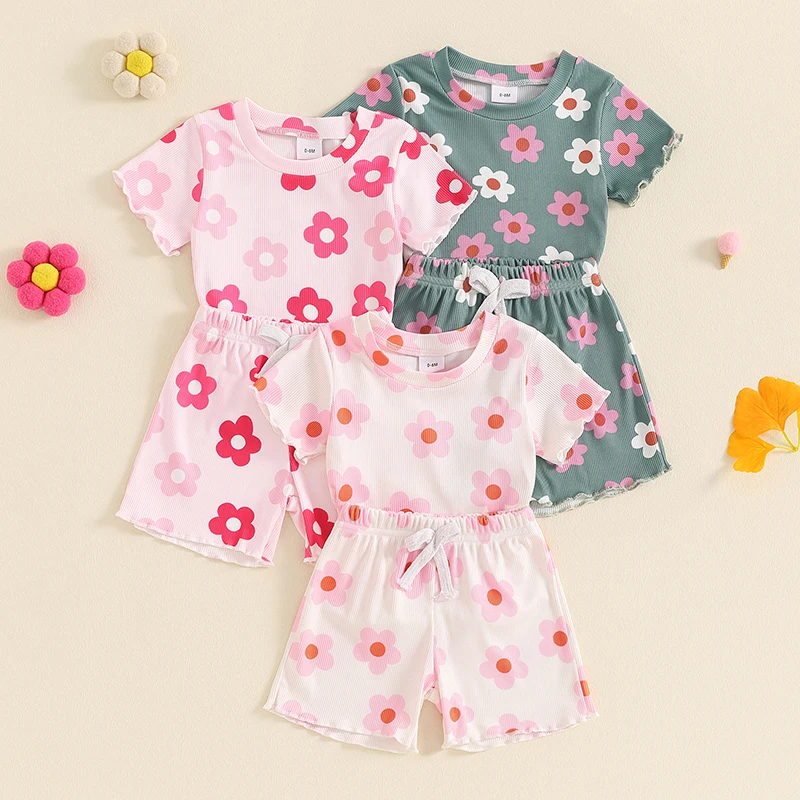 Kids Toddler Girls Summer 2 Piece Set - Striped Button Tank Top & Floral Print Elastic Shorts