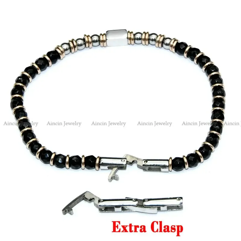 Stainless Steel Bracelets Beaded Bracelet Stainless Steel Jewelry Black Faceted Agate Round Beads Stainless Steel Bracelet For Men's Jewelry