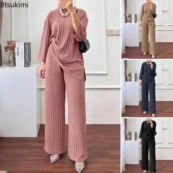 2025 Women's Tracksuit Two Piece Sets Fashion Solid Color Loose Casual Suit Long Sleeve Tops+Wide Leg Pants Women Matching Sets