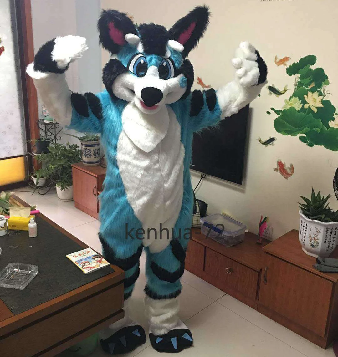 

Luxury Long Fur Blue Husky Dog Fox Mascot Costume Fursuit Halloween Furry Suit Cartoon Cosplay Fancy Dress Outfits Party Game