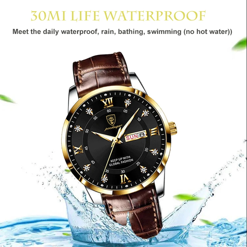 POEDAGAR Men Watches Waterproof Luminous Top Brand Luxury Leather Casual Sports Quartz Wristwatch Military Watch For Men relogio