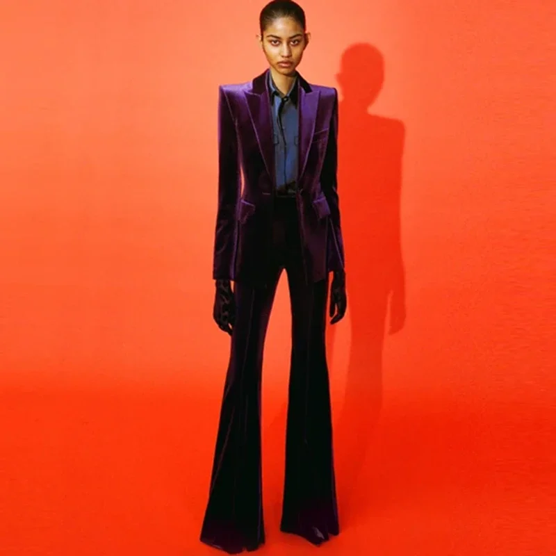 

HIGH QUALITY Newest Fall Winter 2023 Designer Suit Set Women's Single Buttons Velvet Blazer Flare Pants Suit