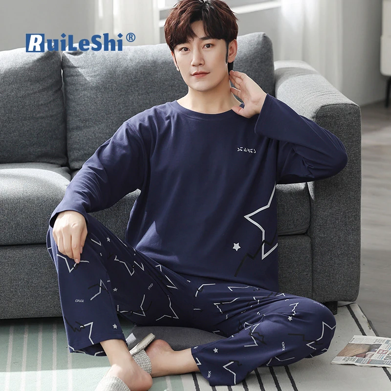 Men's Winter Warm Pajamas 100% Cotton Sleepwear Home Wear Cartoon Print Pajama Male Casual Long Sleeve Plus Size Sets Suit 4XL cotton pyjama set