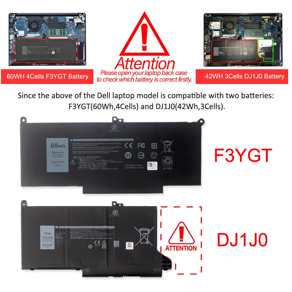Dell Latitude F3YGT DJ1J0 60WH Laptop Battery - Compatible with Latitude 12 13 14 Series E7280 E7290 E7380 E7390 7280 7290 7380 7390 7480 7490 Description Image.This Product Can Be Found With The Tag Names Battery 60wh f3ygt, Battery dell latitud, Dell battery type f3ygt, Dell dj1j0 battery, F3ygt laptop battery