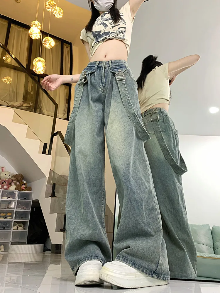 

Women Blue Oversize Cargo Jeans Harajuku Vintage Baggy Y2k Denim Trouser 90s Aesthetic Wide Jean Pants 2000s Trashy Clothes 2024