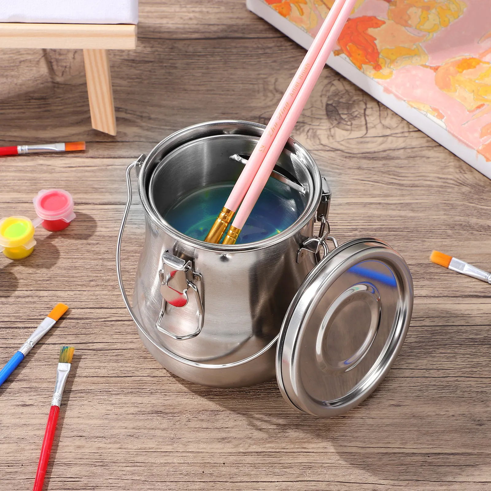 커버가 있는 금속 브러시 세척 버킷 대형 스테인레스 스틸 페인팅 펜 홀더 미술..