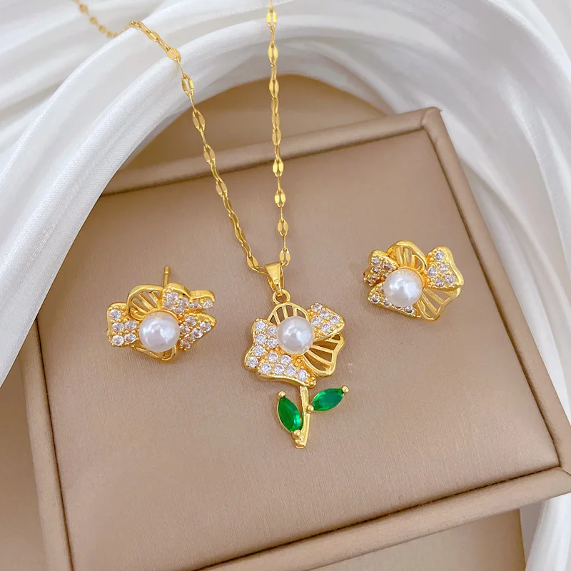 ZAKOL Luxury Shiny Zircon Pearl Flowers Pendant Necklace Earrings Set for Women Stainless Steel Chain Choker Jewelry Sets 2