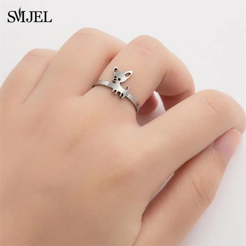 Cute Chihuahua Dog Rings for Women Stainless Steel Cat Butterfly Adjustable Finger Ring Animal Knuckle Jewelry