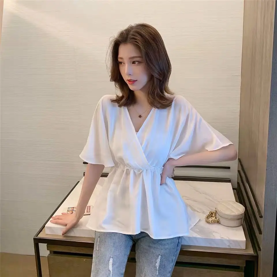 women flying sleeves suit elegant women s office wear set with v neck top high waist pants belt chic slim fit outfit for work Tops for Women Loose Womens Shirt & Blouse Ruffle Clothes White with Sleeves Frill V Neck Pretty Elegant Chic Modern Long Youth