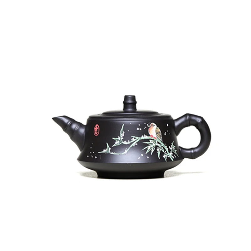 Chinese Style Bamboo pattern Teapot, Purple Clay Raw ore black mud, Kung Fu Household Supplies Pure Handmade 220cc Tea Pots, 1Pc