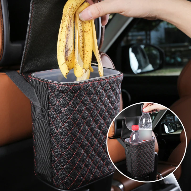 2 Sizes Waterproof PU Leather Car Trash Can Bin Auto Accessories Hanging Car Organizer Box Built-in Removable Plastic Bucket