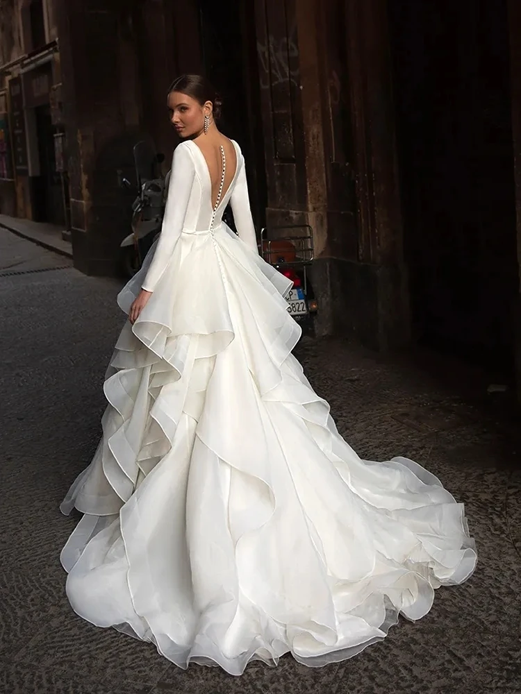 Gorgeous Wedding Dresses 2024 V-Neck Backless Modern Robes Long Sleeves Tiered Pleat Gowns Luxury Vestidos De Novia Customized 4