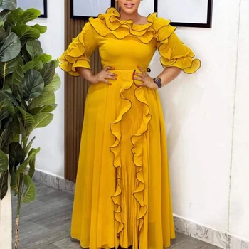 Elegante abito in chiffon plissettato con linea ad A, collo asimmetrico, spalle scoperte, maniche a sbuffo, volant a strati, blocchi di colore, abiti da festa autunnali