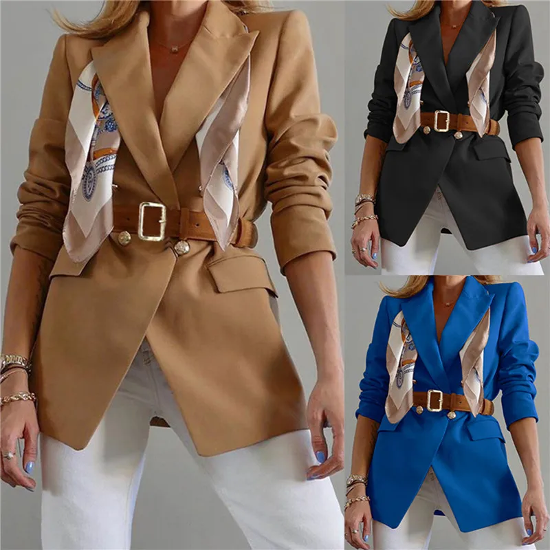 Female Suit Jacket Solid Color Tailored Collar Long Sleeve Greatcoat with Waistband for Women office lady Khaki/Black/Blue 2024