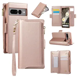 2-in-1 Detachable Crossbody & Wrist Strap Phone Wallet Case with Card Holder for Google Pixel 7 Pro (Rose gold)
