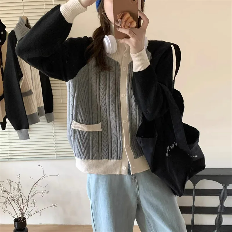 

Twist Sweater Cardigans Loose Vintage Women's Coat Patchwork Fashion Korean Style vintage Top 2023 Autumn Winter Knitted Jackets