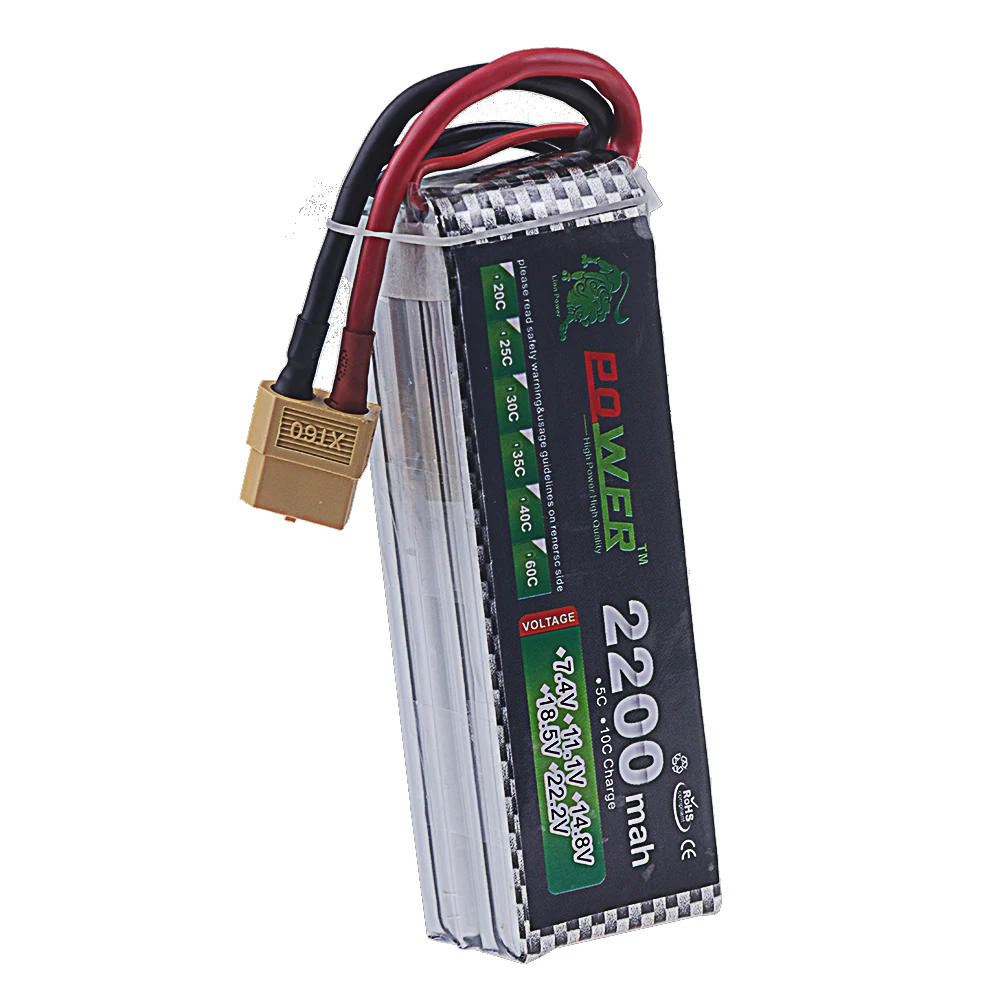 Batterie LiPo pour drone RC avec étiquette indiquant 14.8V 2200mAh 4S 60C et connecteurs XT60