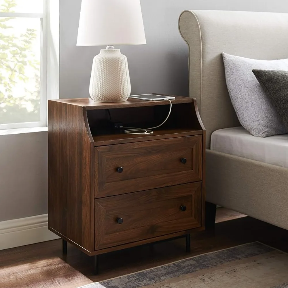 

Florence 2 Drawer Open Top Side Table with USB Port, 22 Inch, Dark Walnut