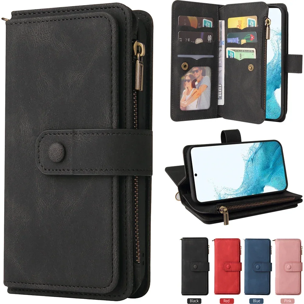 Leather Zipper Wallet Case with 15-Card Slots