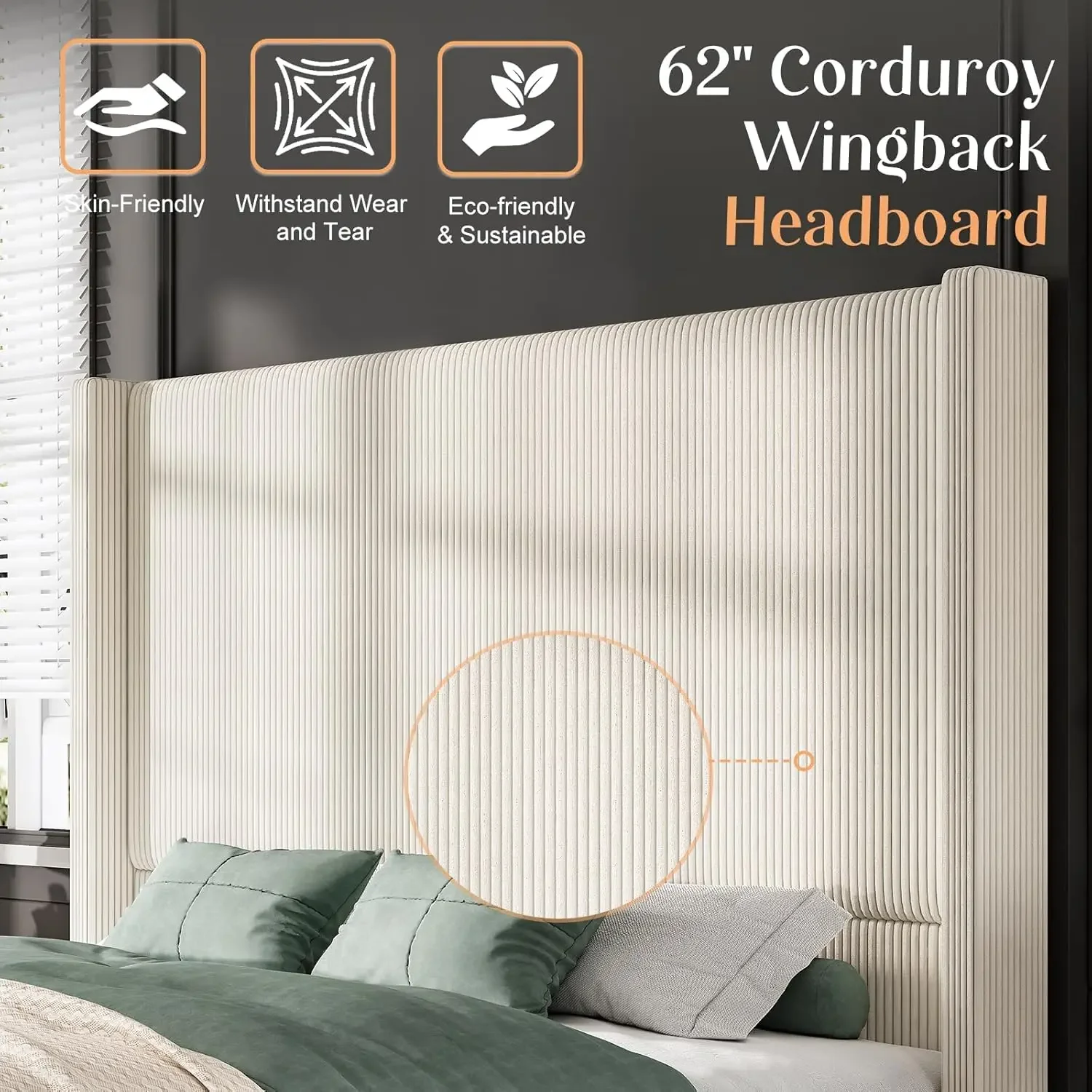 Queen Size 62" Corduroy Upholstered Bed Frame, Luxurious Platform Bed with Extra Tall Wingback Headboard and Vertical Stripe 4