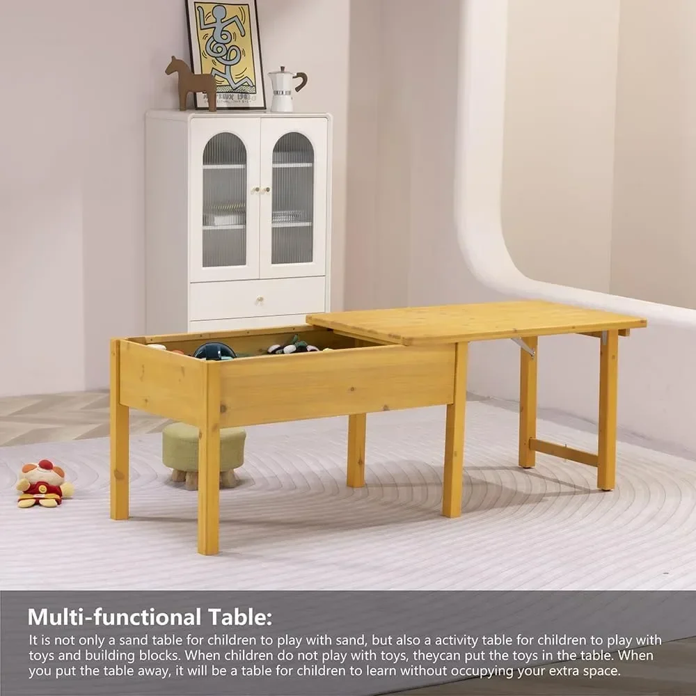 Wooden Kids Sensory Tables with Folding Lid, Activity Table for Children, Elevated Play Tables with Storage for Indoor Outdoor