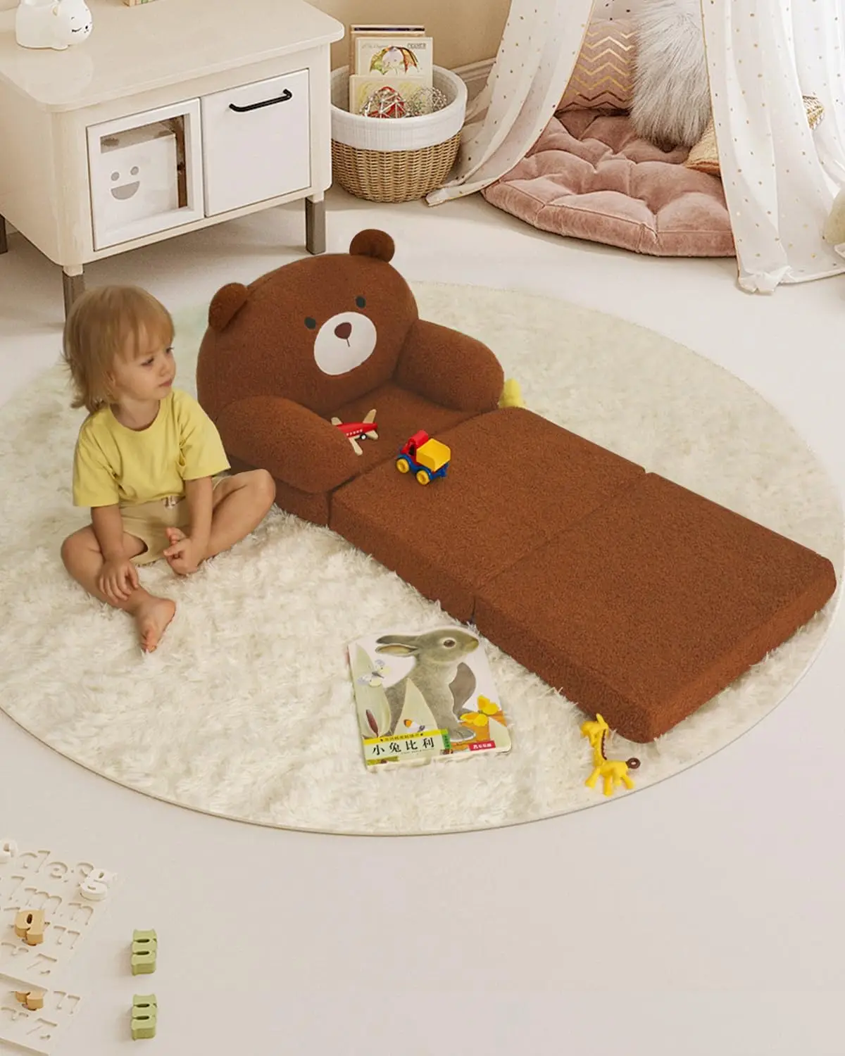 Kids Couch Fold Out to Lounger, Foldable Baby Sofa Plush for Girl and Boy Age 18 Months and Up （ Brown Bear） 3