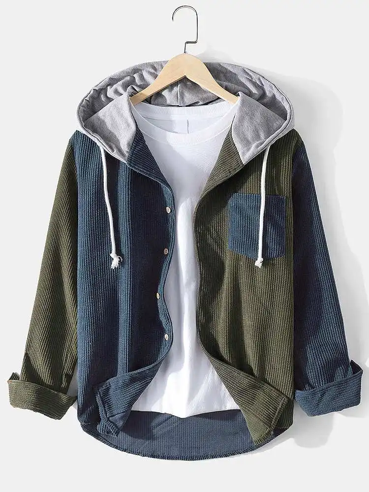 CharmkpR Tops 2023 Fashion Men Corduroy Colorblock Stitching Drawstring Hoodies Casual Streetwear Male Pocket Sweatshirts S-2XL