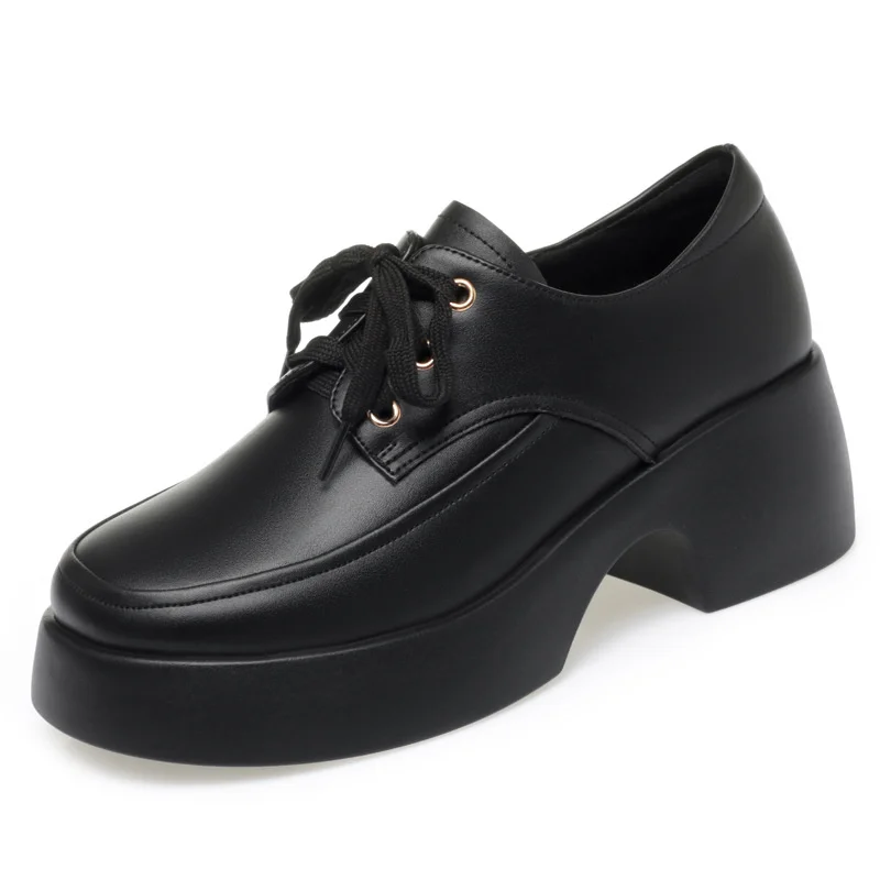 2024 Elegant Versatile Lace Up Comfortable Soft Leather Shoes Woman New Retro Thick Sole High Heel Casual Single Shoes 5