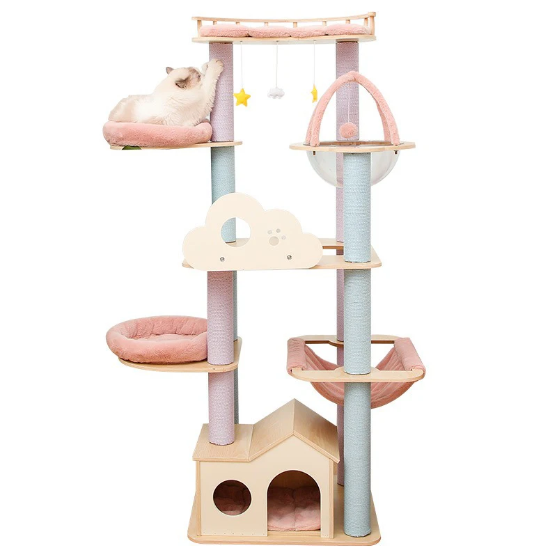 SolidWoodCatClimbingTreeTowerCutePinkPetCatsTreeHouseCat